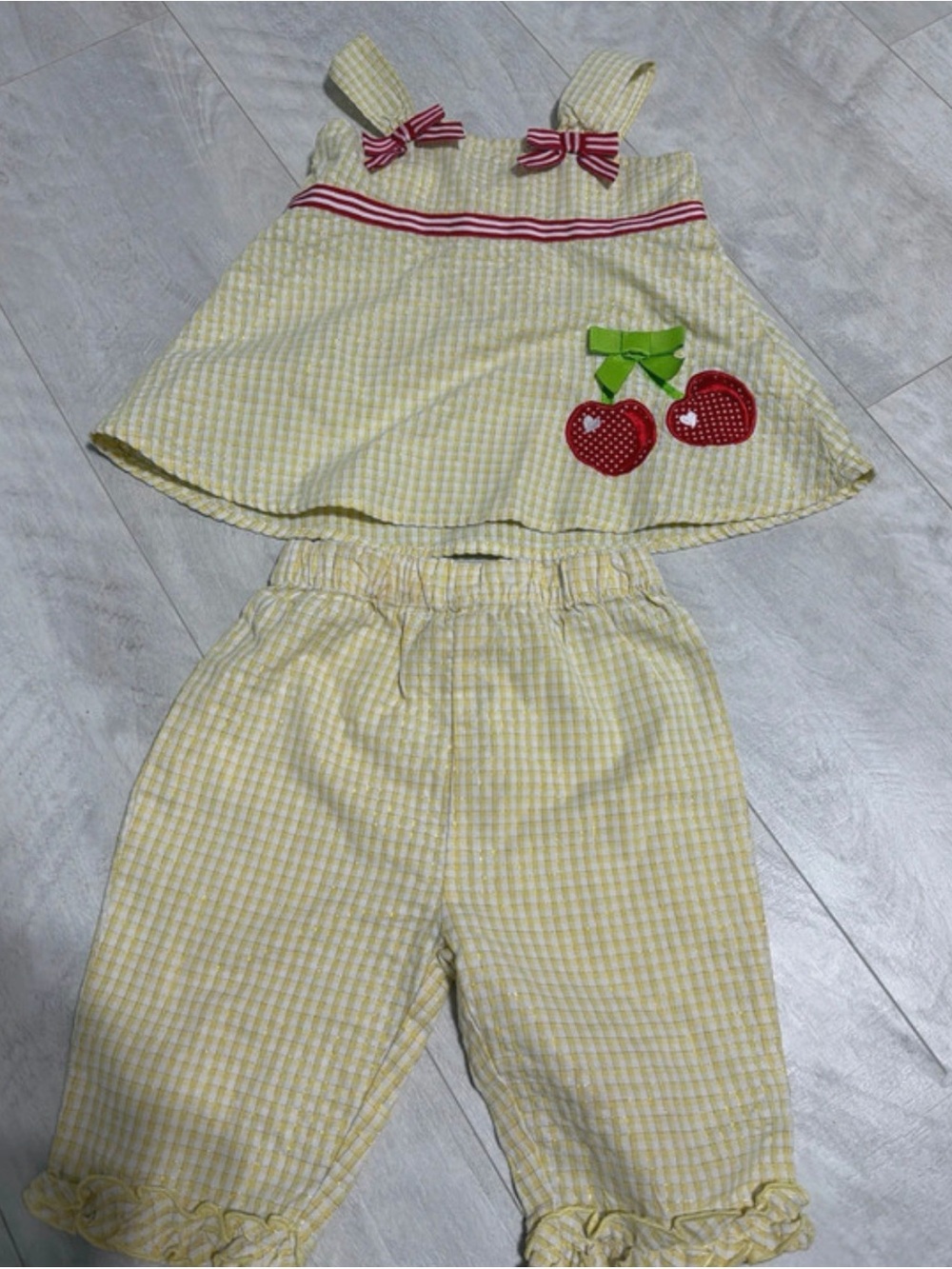 Yellow Gingham Girls' vintage Two-Piece Short Set with Cherry Appliqué